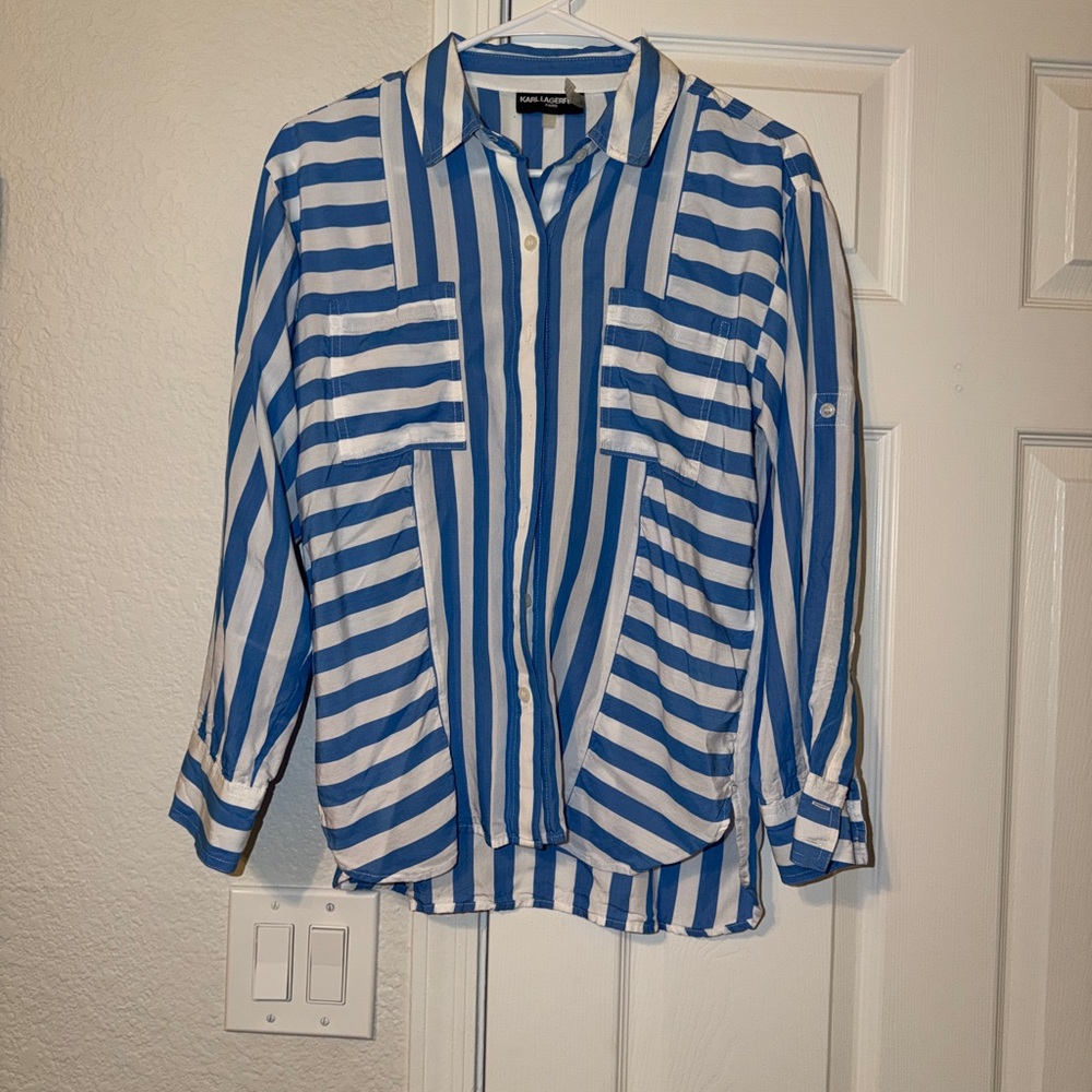 Karl Lagerfeld Blue and White Striped Casual Button-Down Shirt